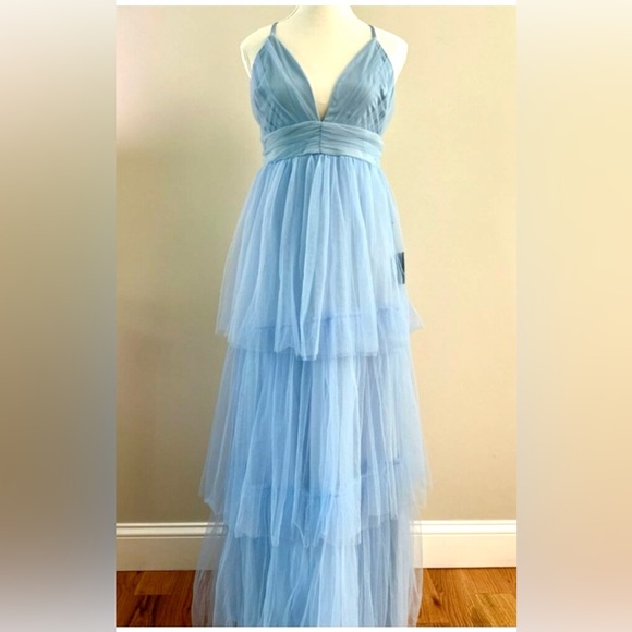 Lulu’s Charming Glamour Light Blue Tulle Sleeveless Tiered Poofy Maxi Dress - Picture 9 of 9